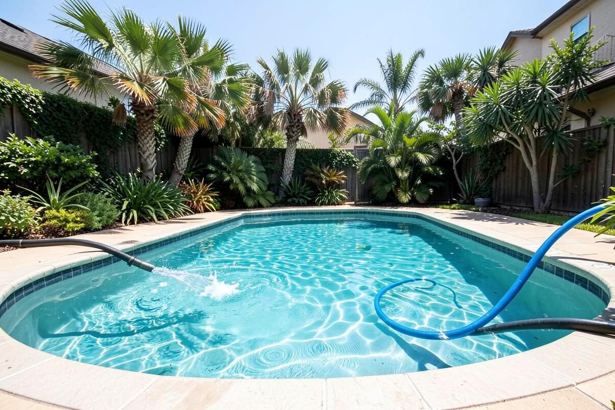Piscina residencial sendo abastecida com água limpa por mangueira